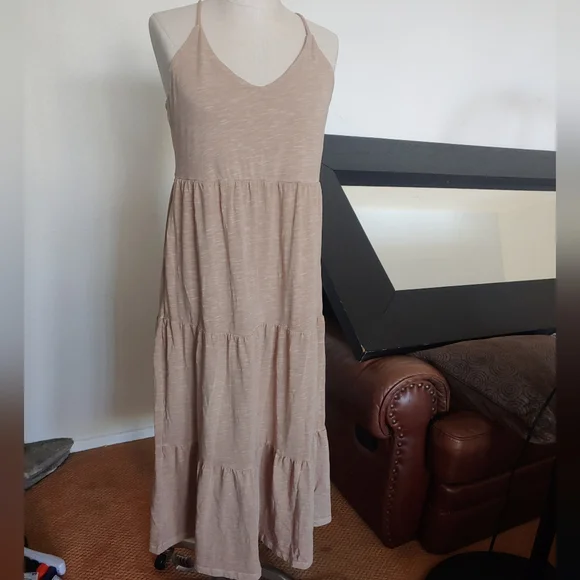 Old Navy Tan Brown Tie-Back Tiered Midi Cami Swing Dress - Picture 5 of 6